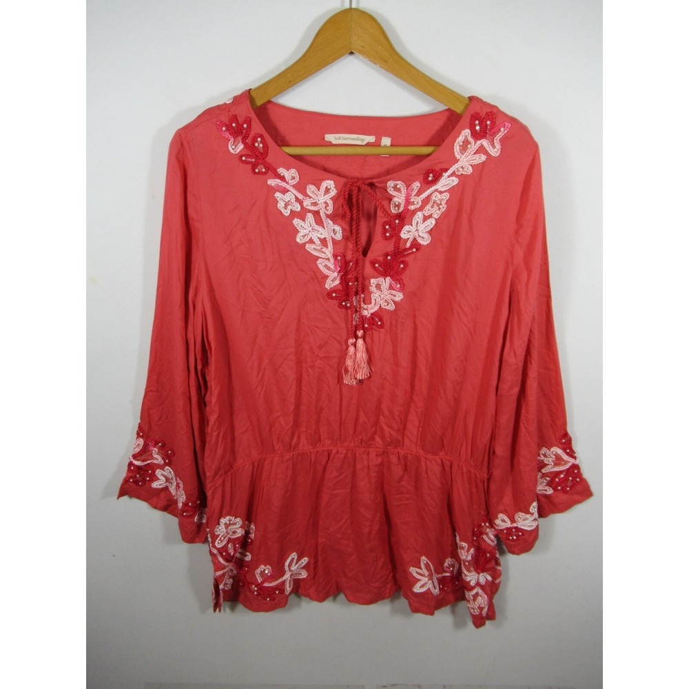 Soft Surroundings Beaded Sequin Tunic Petite PL Coral Embroidered Tassel Boho